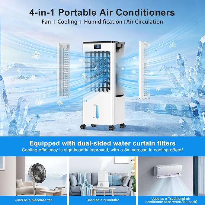 Portable Air Conditioners, 4-IN-1 Evaporative Air Cooler, Portable AC Unit w/ 4 Modes & 3 Speeds, Swamp Cooler w/ 12H Timer &