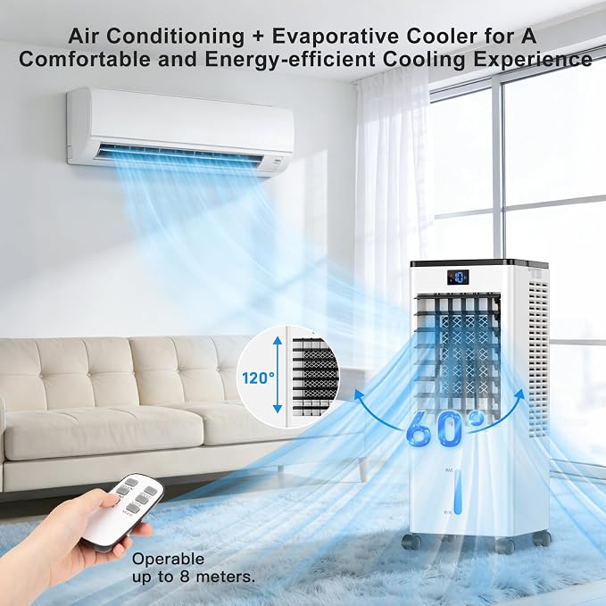 Portable Air Conditioners, 4-IN-1 Evaporative Air Cooler, Portable AC Unit w/ 4 Modes & 3 Speeds, Swamp Cooler w/ 12H Timer &