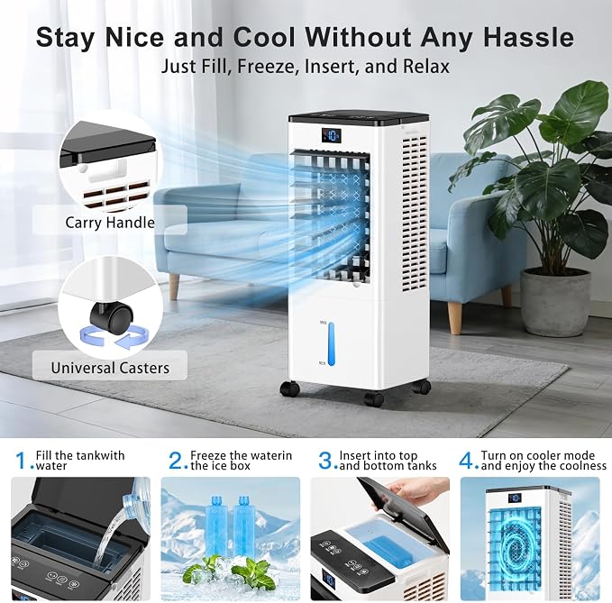 Portable Air Conditioners, 4-IN-1 Evaporative Air Cooler, Portable AC Unit w/ 4 Modes & 3 Speeds, Swamp Cooler w/ 12H Timer &