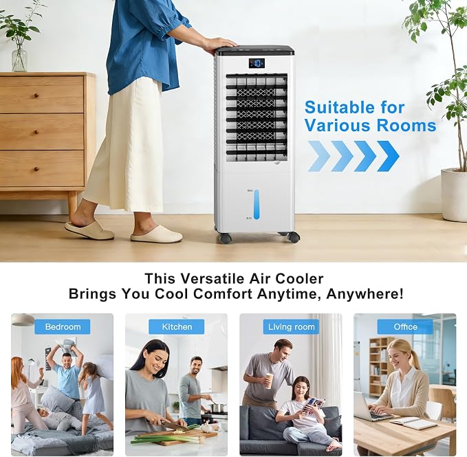 Portable Air Conditioners, 4-IN-1 Evaporative Air Cooler, Portable AC Unit w/ 4 Modes & 3 Speeds, Swamp Cooler w/ 12H Timer &