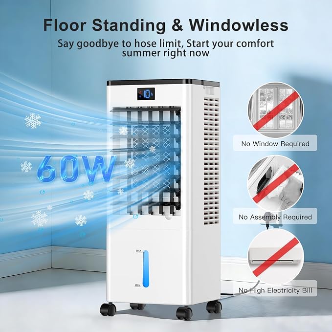 Portable Air Conditioners, 4-IN-1 Evaporative Air Cooler, Portable AC Unit w/ 4 Modes & 3 Speeds, Swamp Cooler w/ 12H Timer &