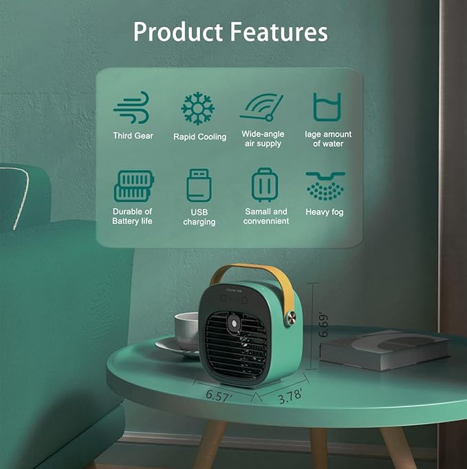 Portable Air Conditioners,6000mAh Rechargeable Mini Air Conditioner,USB Small Personal AC Unit,3-Speed Quiet Evaporative Air