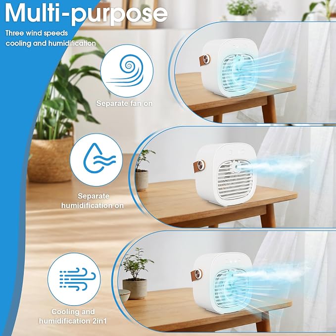 Portable Air Conditioners, 6000mAh Rechargeable Mini Air Conditioner, 3 Speeds Portable AC Unit, Personal Air Cooler Cooling