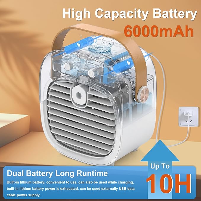 Portable Air Conditioners, 6000mAh Rechargeable Mini Air Conditioner, 3 Speeds Portable AC Unit, Personal Air Cooler Cooling