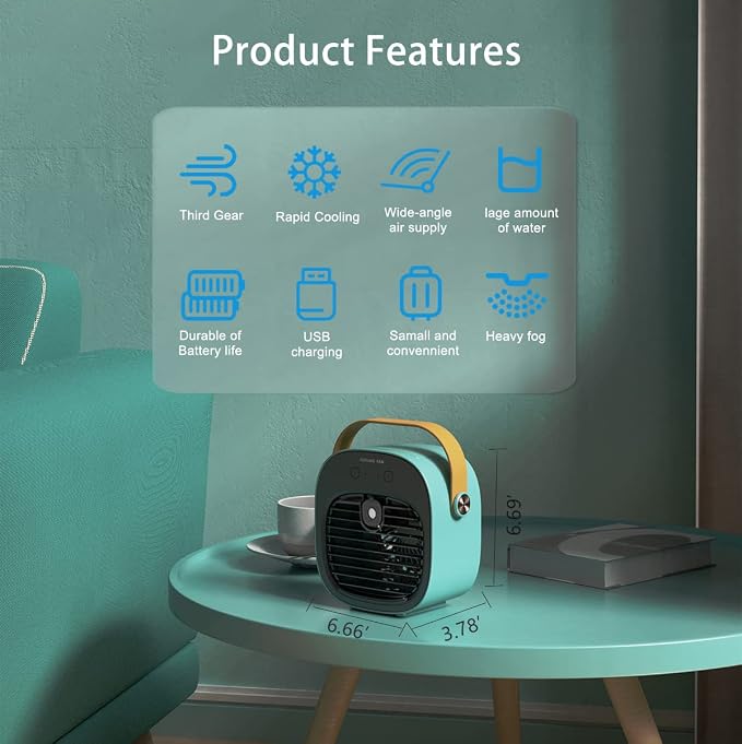 Portable Air Conditioners 6000mAh Rechargeable,Mini Evaporative Air Conditioner Fan,USB Small Personal Desk AC Unit,3-Speed