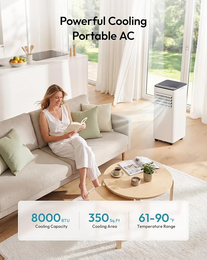 Portable Air Conditioners 8,000 BTU, Cools Up to 350 Sq.Ft, 4-in-1 Portable AC Unit with Cool, Fan, Dehumidifier Sleep Modes