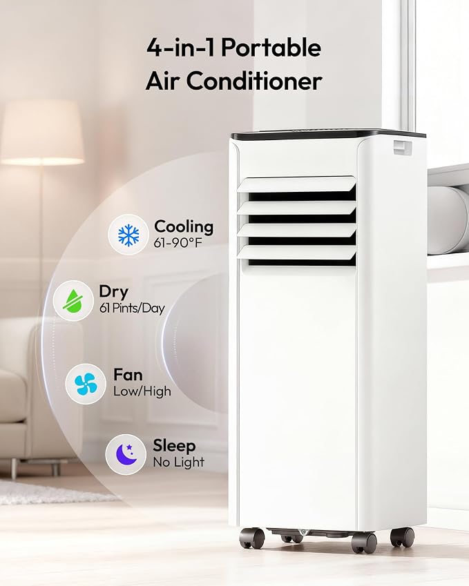 Portable Air Conditioners 8,000 BTU, Cools Up to 350 Sq.Ft, 4-in-1 Portable AC Unit with Cool, Fan, Dehumidifier Sleep Modes