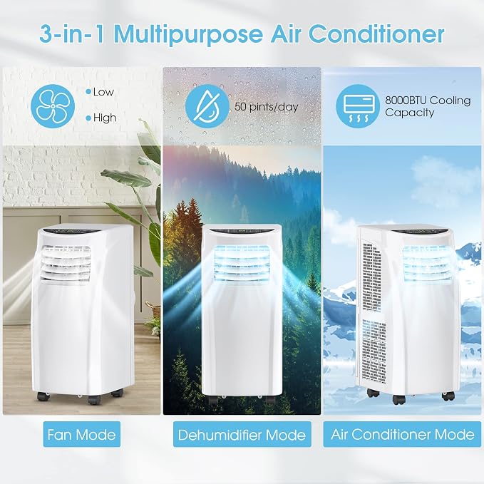 Portable Air Conditioners, 8000 BTU Air Conditioner Unit spaces up to 230 Sq.Ft with Remote Control Dehumidifier Function