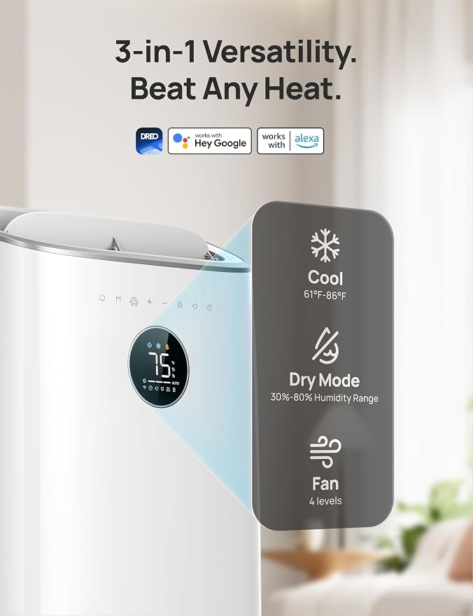 Portable Air Conditioners, 8000 BTU ASHRAE (5000 BTU DOE) Smart AC Unit for Bedroom with Drainage-free Cooling, 45dB Quiet
