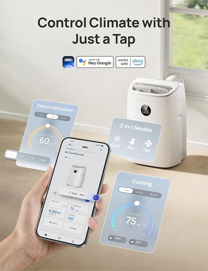 Portable Air Conditioners, 8000 BTU ASHRAE (5000 BTU DOE) Smart AC Unit for Bedroom with Drainage-free Cooling, 45dB Quiet