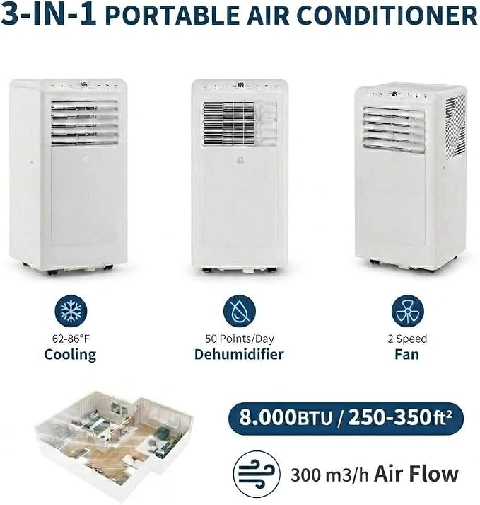 Portable Air Conditioners, 8000 BTU Portable AC Unit, 3-in-1 Air Conditioner Portable with Cooling, Dehumidifier and Fan