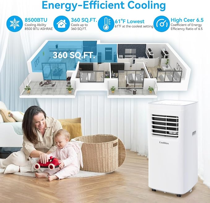 Portable Air Conditioners, 8500 BTU Portable AC Cool Up to 360 Sq.Ft, 3 IN 1 with Remote Control, Sleep Mode, Windows kit