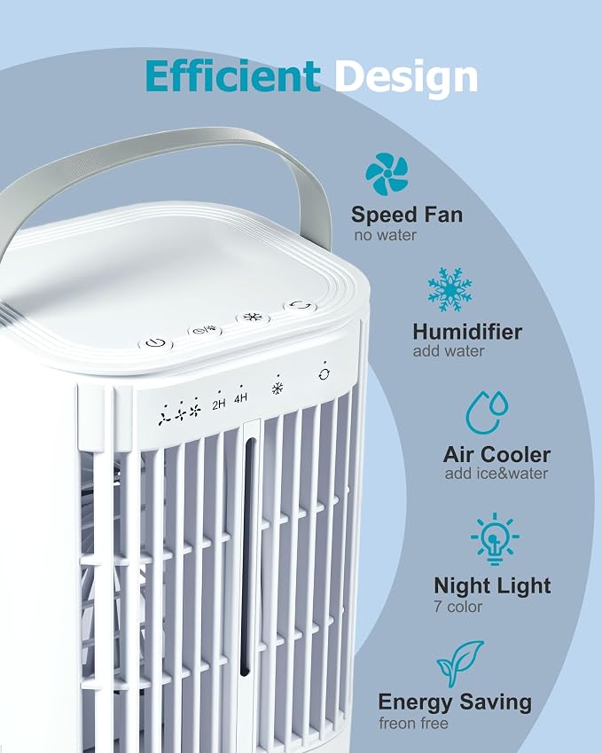 Portable Air Conditioners AC Unit: 4-in-1 Evaporative Air Cooler Mini AC Fan LED Light 1000ml Water Tank USB Powered Small