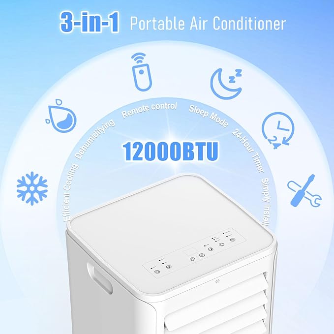 Portable Air Conditioners Cool Up to 550 Sq.Ft, 12000BTU Portable Ac with Remote Control, Air Conditioner for Rooms, Bedroom