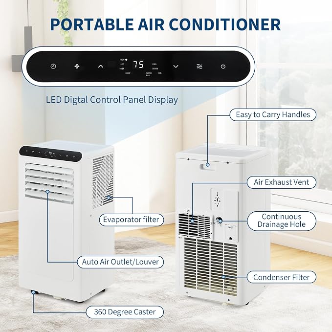Portable Air Conditioners, Efficient 3 in-1 Portable AC Unit with Sleep Mode,10000 BTU, Dehumidifier, Remote Control, Quiet
