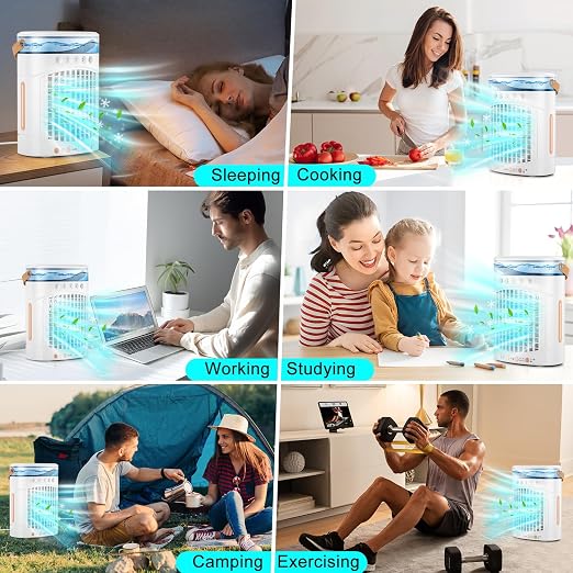 Portable Air Conditioners Parts Fans, 4-in-1 Portable Air Cooler Fan with 700mL Tank, 2 Speeds & 7-Color LED Lights - Mini
