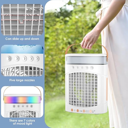 Portable Air Conditioners Parts Fans, 4-in-1 Portable Air Cooler Fan with 700mL Tank, 2 Speeds & 7-Color LED Lights - Mini