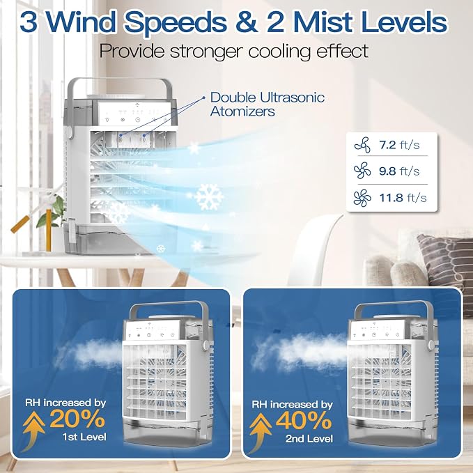 Portable Air Conditioners,Portable AC Unit,1600ml Dual Tank Evaporative Air Cooler,3 Speed 2 Mist Modes,Personal Mini Desktop