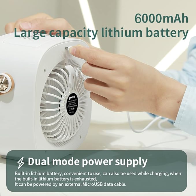 Portable Air Conditioners Rechargeable 6000mAh,Mini Air Conditioner,USB Small Personal AC Unit,3-Speed Quiet Evaporative Air