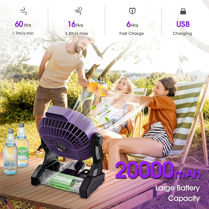 Portable Camping Fan, Rechargeable Battery Powered Tent Fans for Camp Hanging, [13-60Hrs Runtime], 9 Inch, Stepless Speed