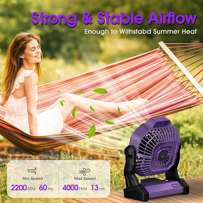 Portable Camping Fan, Rechargeable Battery Powered Tent Fans for Camp Hanging, [13-60Hrs Runtime], 9 Inch, Stepless Speed