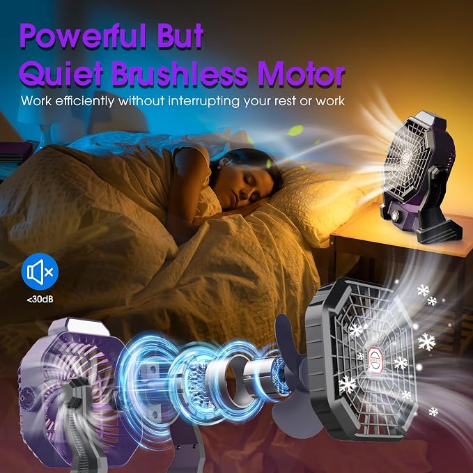 Portable Camping Fan, Rechargeable Battery Powered Tent Fans for Camp Hanging, [13-60Hrs Runtime], 9 Inch, Stepless Speed