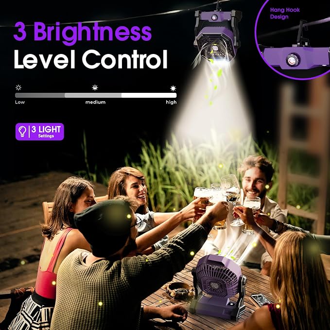 Portable Camping Fan, Rechargeable Battery Powered Tent Fans for Camp Hanging, [13-60Hrs Runtime], 9 Inch, Stepless Speed