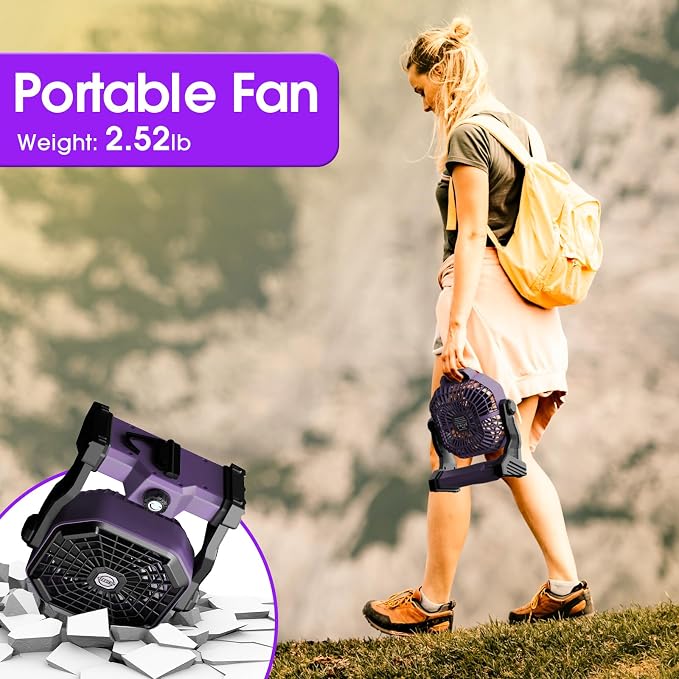 Portable Camping Fan, Rechargeable Battery Powered Tent Fans for Camp Hanging, [13-60Hrs Runtime], 9 Inch, Stepless Speed