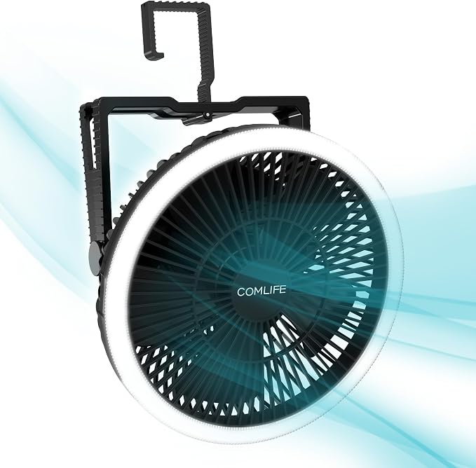 Portable Camping Fan with LED Lantern, 24HRS Running 8inch Rechargeable Tent Fan, Powerful 3-Speed 180° Rotate with Hook