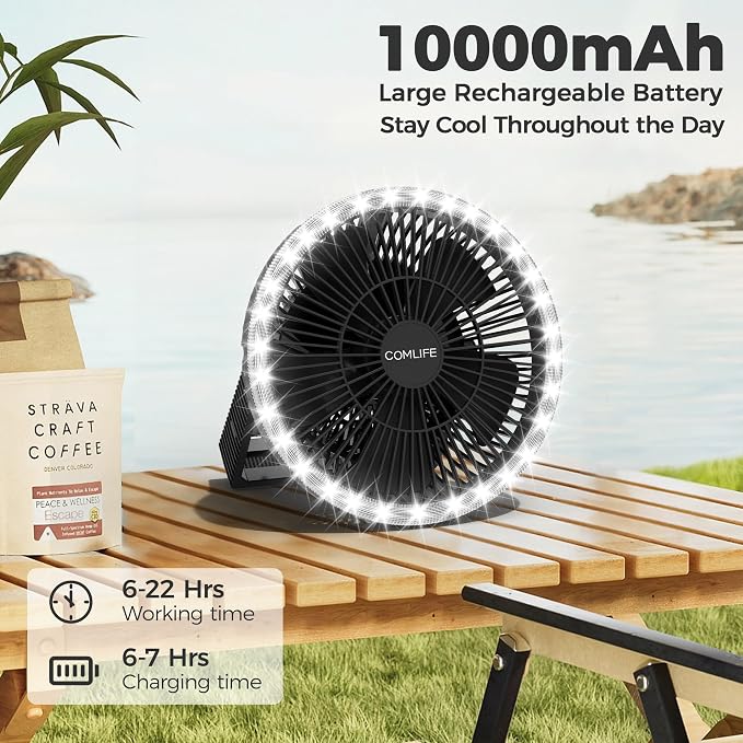 Portable Camping Fan with LED Lantern, 24HRS Running 8inch Rechargeable Tent Fan, Powerful 3-Speed 180° Rotate with Hook