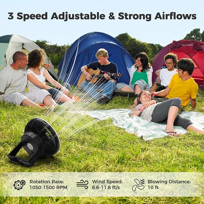 Portable Camping Fan with LED Lantern, 24HRS Running 8inch Rechargeable Tent Fan, Powerful 3-Speed 180° Rotate with Hook