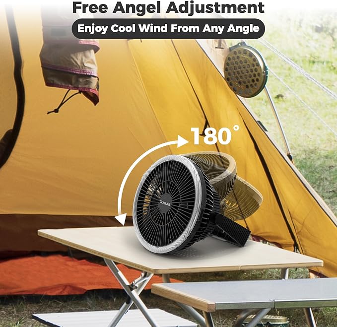 Portable Camping Fan with LED Lantern, 24HRS Running 8inch Rechargeable Tent Fan, Powerful 3-Speed 180° Rotate with Hook