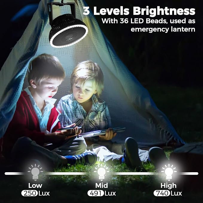 Portable Camping Fan with LED Lantern, 24HRS Running 8inch Rechargeable Tent Fan, Powerful 3-Speed 180° Rotate with Hook