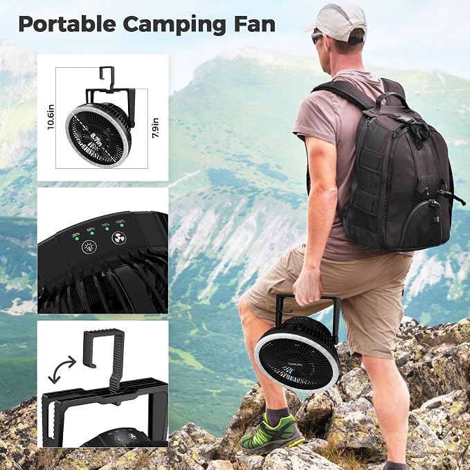 Portable Camping Fan with LED Lantern, 24HRS Running 8inch Rechargeable Tent Fan, Powerful 3-Speed 180° Rotate with Hook