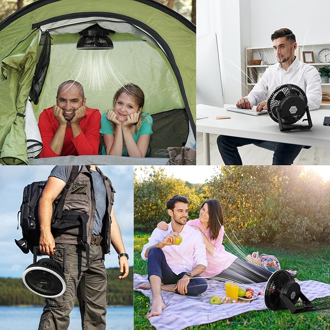 Portable Camping Fan with LED Lantern, 24HRS Running 8inch Rechargeable Tent Fan, Powerful 3-Speed 180° Rotate with Hook