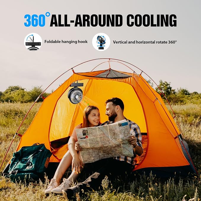 Portable Camping Fan with LED Lantern- 40H Work Time Rechargeable Battery Operated Fan with Hanging Hook for Tent Car RV