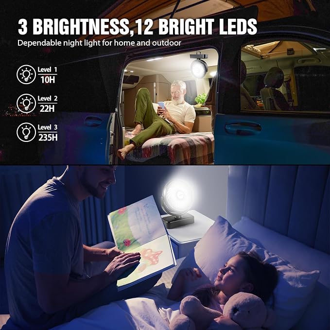 Portable Camping Fan with LED Lantern- 40H Work Time Rechargeable Battery Operated Fan with Hanging Hook for Tent Car RV