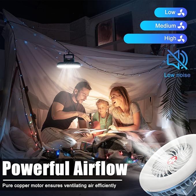 Portable Camping Fan with LED Lantern USB Rechargeable Waterproof Tent Fan with Hanging Hook Magnet Survival, alternate view