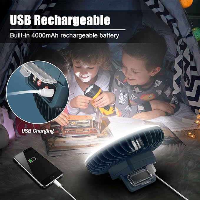 Portable Camping Fan with LED Lantern USB Rechargeable Waterproof Tent Fan with Hanging Hook Magnet Survival, alternate view