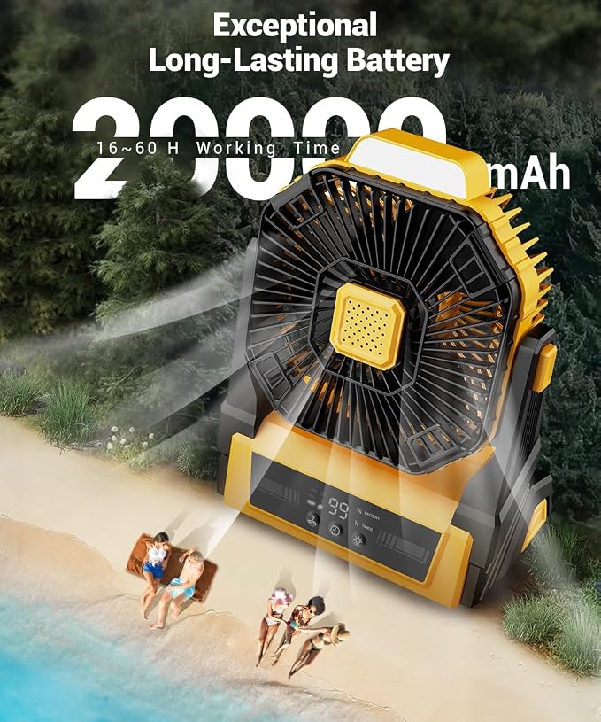 Portable Camping Fan with Lights, 20000mAh Rechargeable Battery Operated Fan, Battery Powered Outdoor Beach Tent with 3