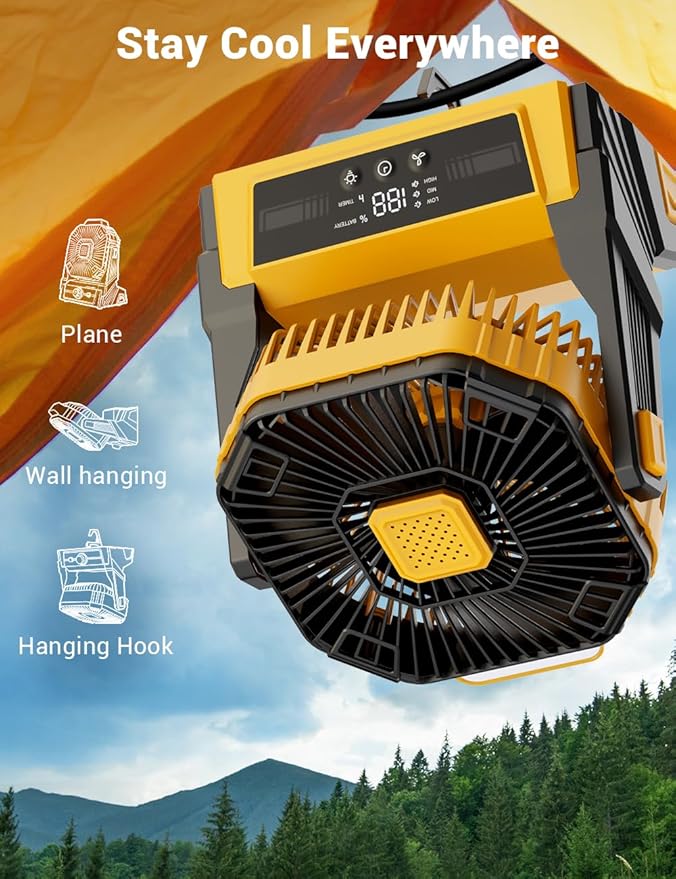 Portable Camping Fan with Lights, 20000mAh Rechargeable Battery Operated Fan, Battery Powered Outdoor Beach Tent with 3