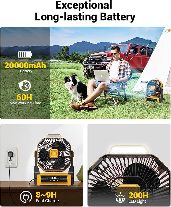 Portable Camping Fan with Lights, 20000mAh Rechargeable Battery Operated Fan, Battery Powered Outdoor Beach Tent with 3