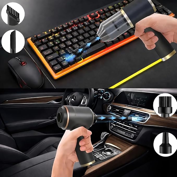 Portable Car Vacuum and Air Duster, 9000pa Suction, 4000mah Battery, USB-C Charging, Black and Gold, with 6 Attachments