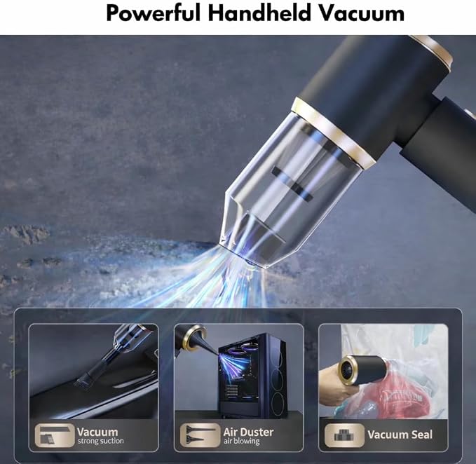 Portable Car Vacuum and Air Duster, 9000pa Suction, 4000mah Battery, USB-C Charging, Black and Gold, with 6 Attachments