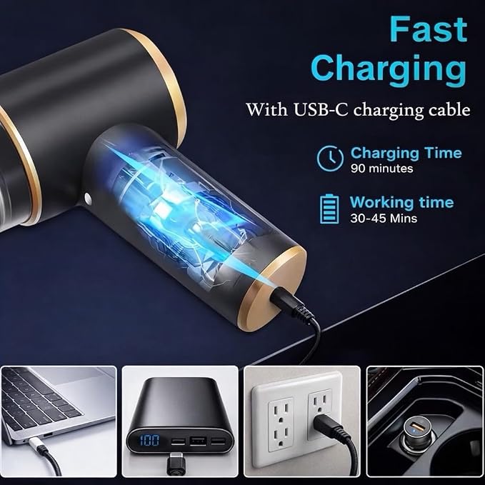 Portable Car Vacuum and Air Duster, 9000pa Suction, 4000mah Battery, USB-C Charging, Black and Gold, with 6 Attachments