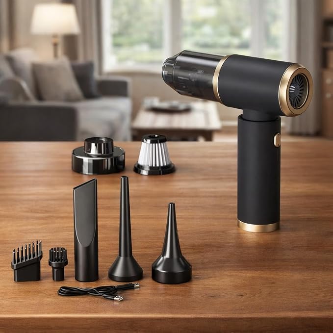 Portable Car Vacuum and Air Duster, 9000pa Suction, 4000mah Battery, USB-C Charging, Black and Gold, with 6 Attachments