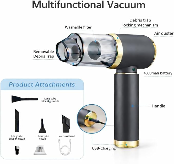 Portable Car Vacuum and Air Duster, 9000pa Suction, 4000mah Battery, USB-C Charging, Black and Gold, with 6 Attachments