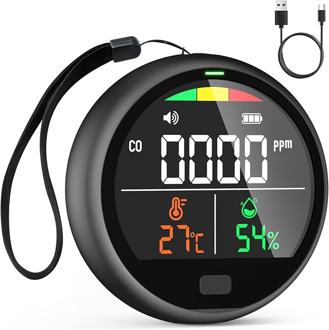 Portable Carbon Monoxide Detector for Travel - 3-in-1 Rechargeable CO Monitor with Temp & Humidity Sensor, Loud Audible &