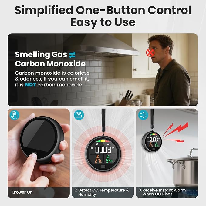 Portable Carbon Monoxide Detector for Travel - 3-in-1 Rechargeable CO Monitor with Temp & Humidity Sensor, Loud Audible &