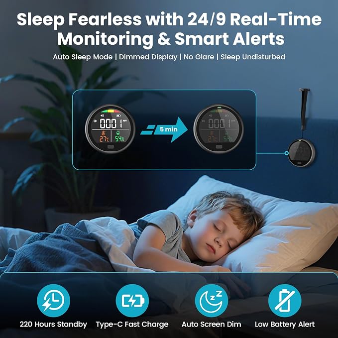 Portable Carbon Monoxide Detector for Travel - 3-in-1 Rechargeable CO Monitor with Temp & Humidity Sensor, Loud Audible &